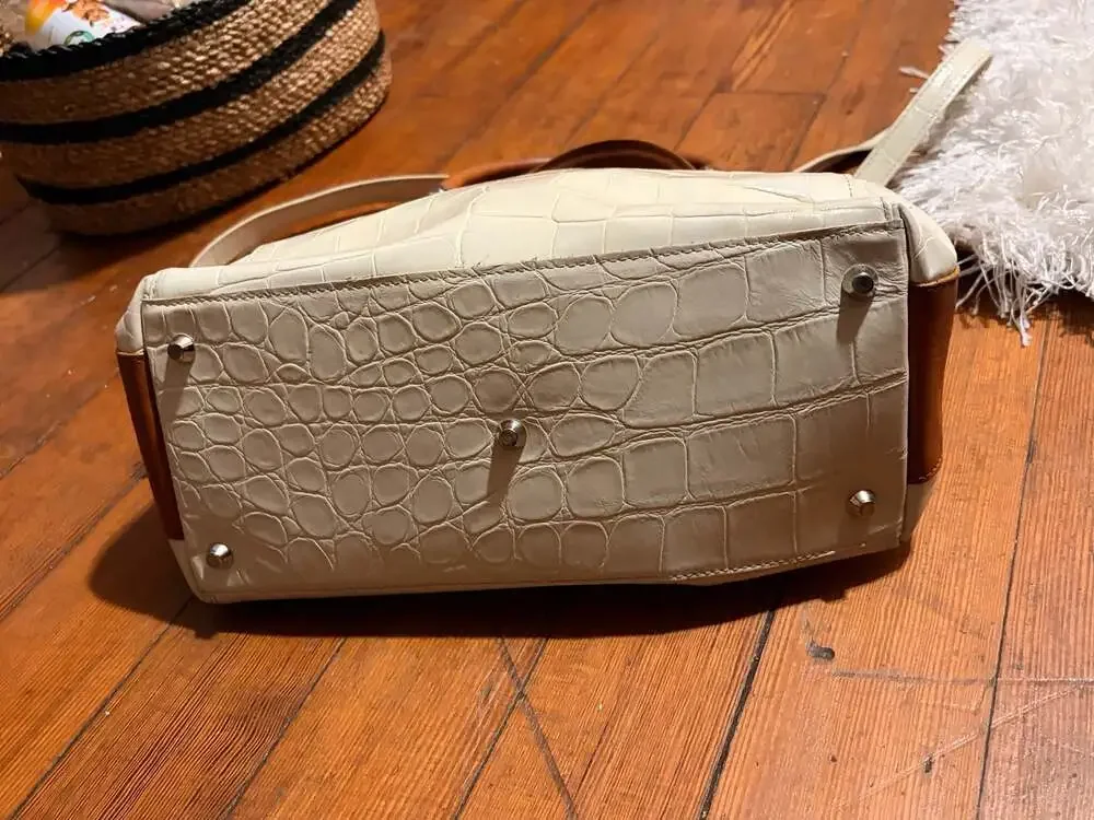 Valentina Made in Italy White Croc-Embossed Leather Satchel with Tan Trim